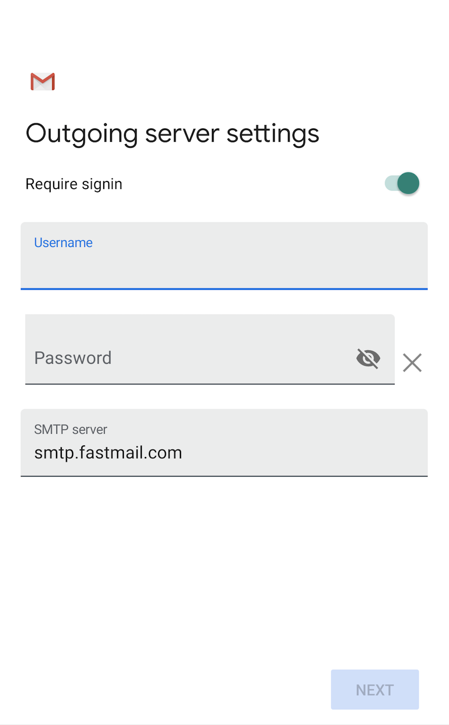 Screen to enter outgoing server settings