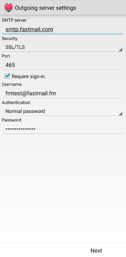 Screen with outgoing server settings entered