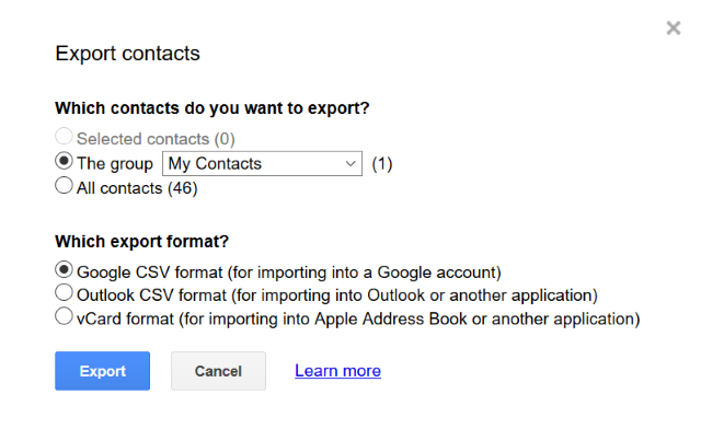photo of file types supported for exporting contacts