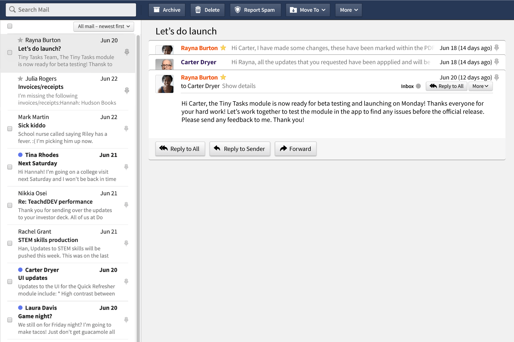 Example email thread in mailbox on Fastmail web interface