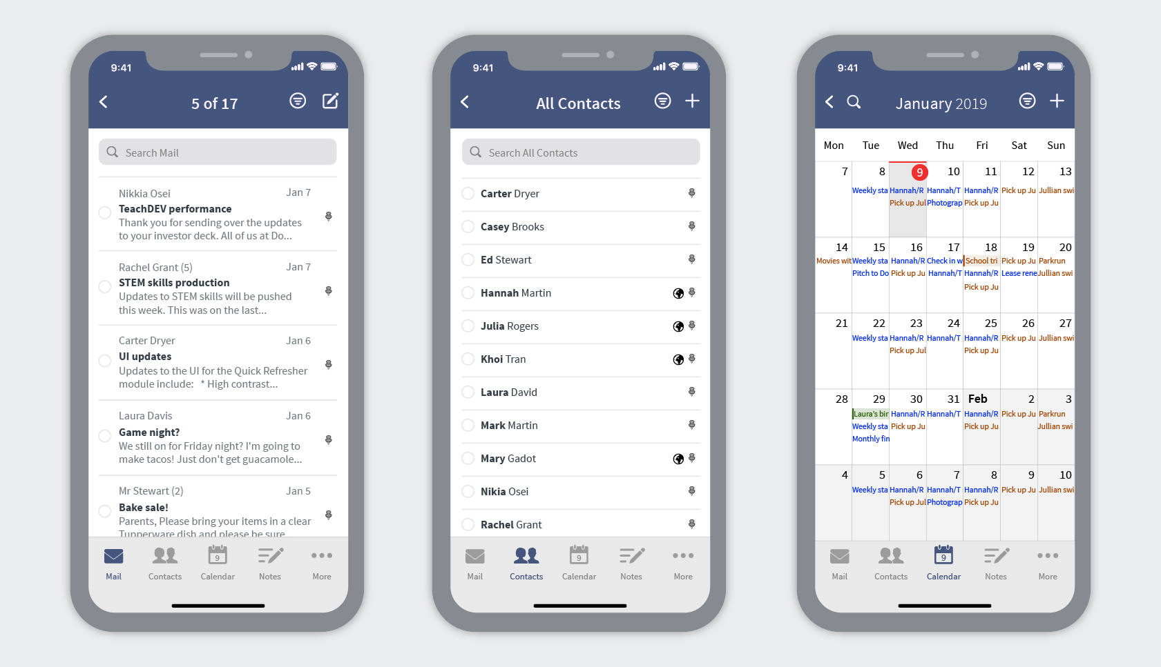 Examples of inbox, contacts, and calendar in Fastmail mobile view