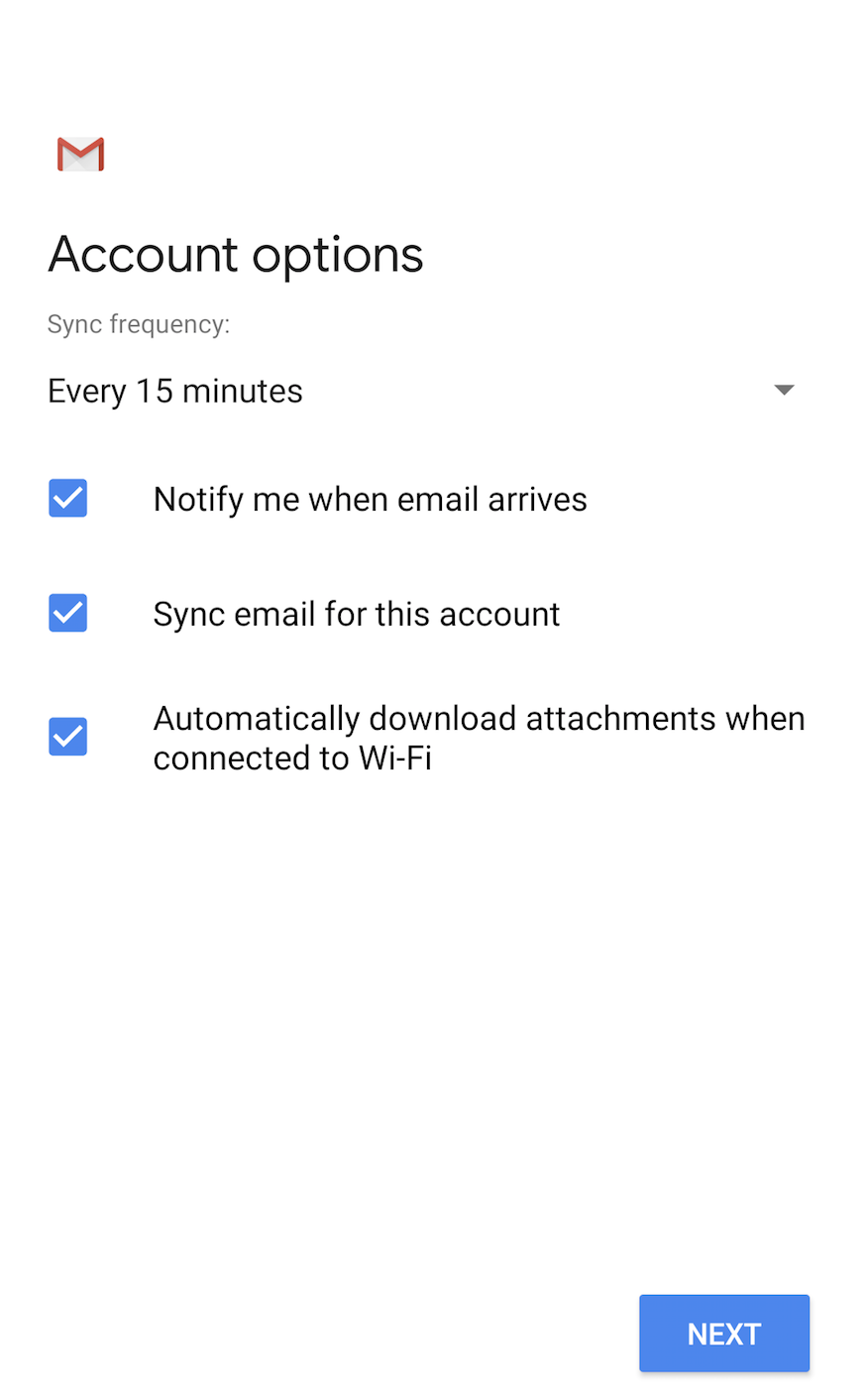 Screen to adjust Synchronisation and Notification settings