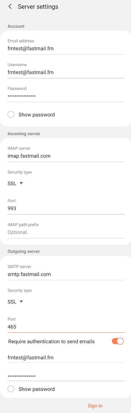 Screen which shows the server settings entered in Samsung Email