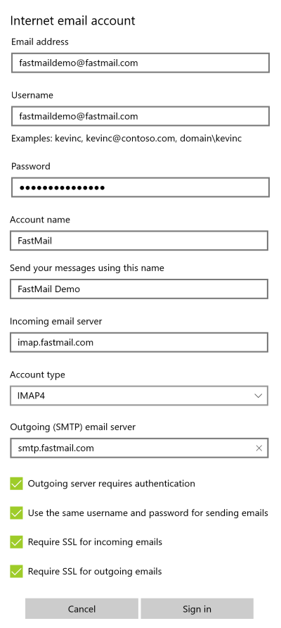 configuration screen to enter Fastmail settings