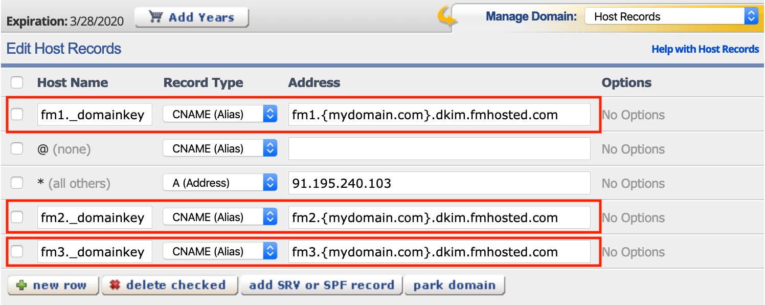 Fastmail CNAME record in Enom interface