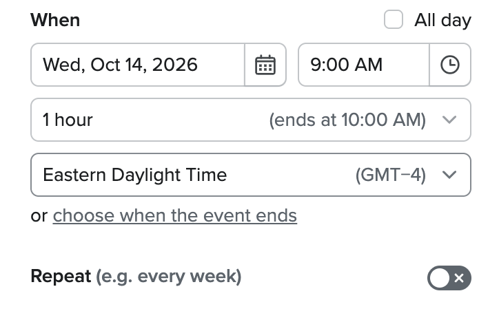 Fastmail event editing screen with the time zone selector open next to the event’s start and end times.