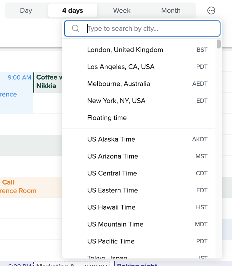 Time zone dropdown in Fastmail Calendar with recently used time zones at the top and a search field for typing a location or time zone name.