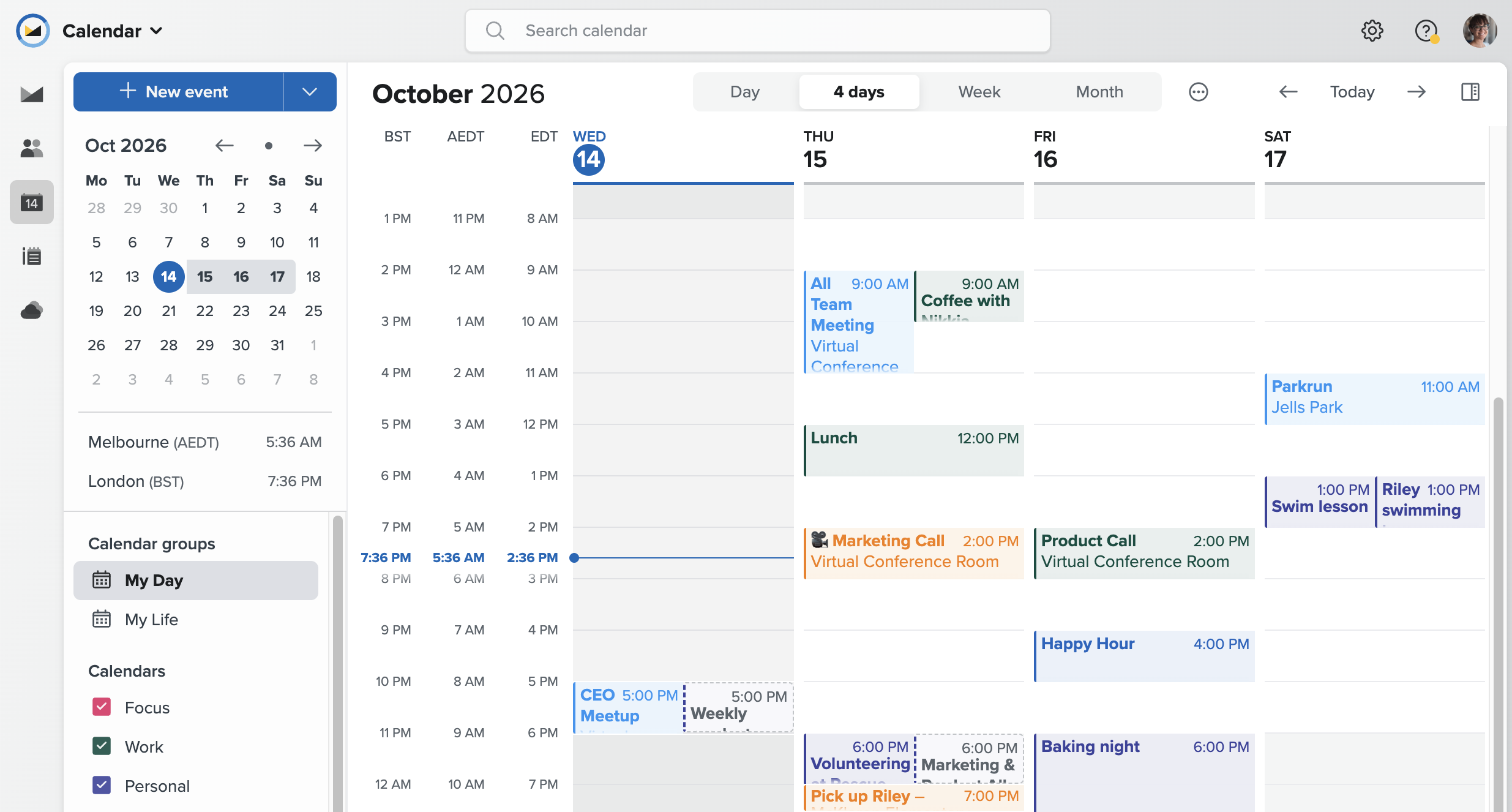 Fastmail calendar in 4-day view with extra time zone columns displayed on the left side.