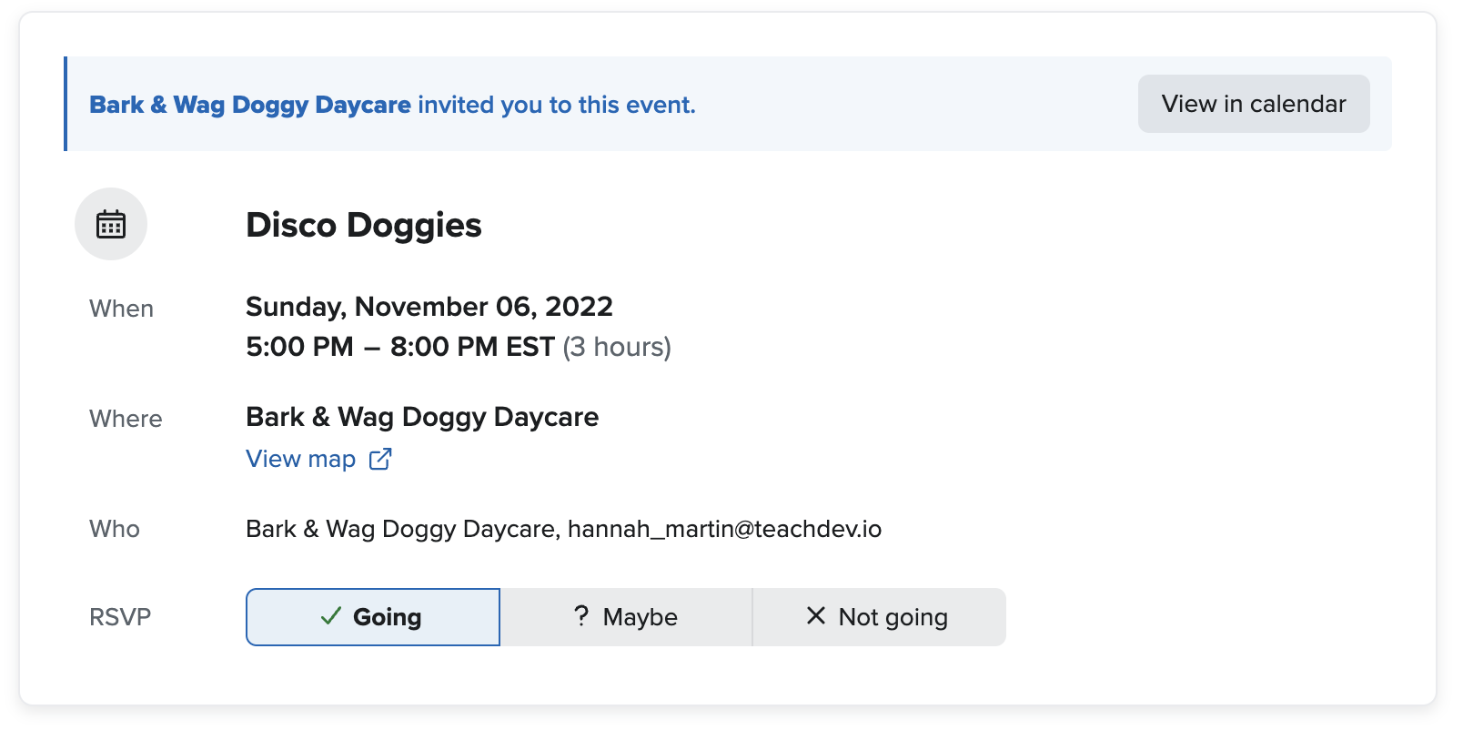 Email in Fastmail showing an event invitation that has been sent to you.
