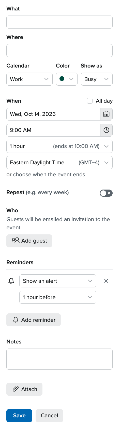 Fastmail calendar event creation screen showing all event information fields.