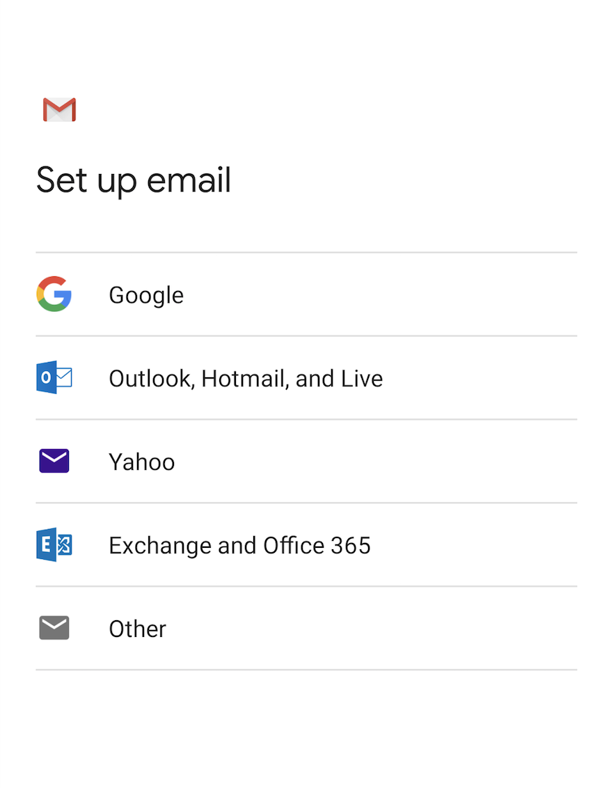 Screen which shows various email providers