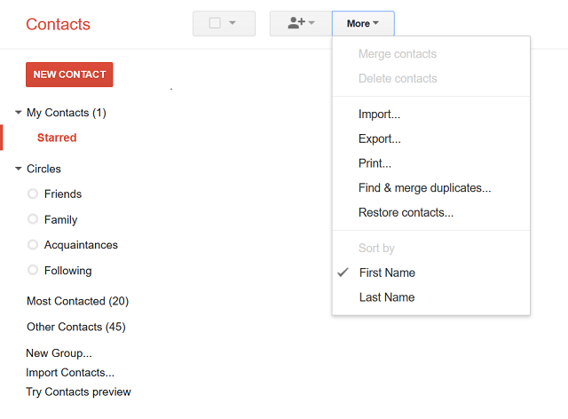 photo of Gmail contacts drop down menu to export contacts