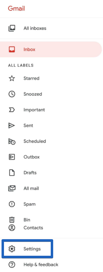 Gmail app menu bar