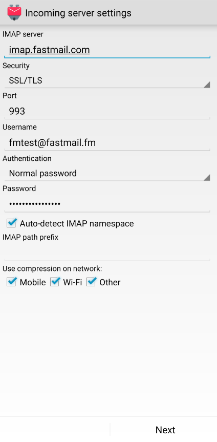 Screen with incoming server settings entered
