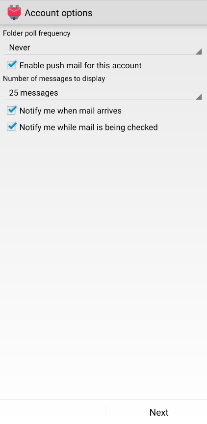 Screen to adjust the notification and sychronization settings